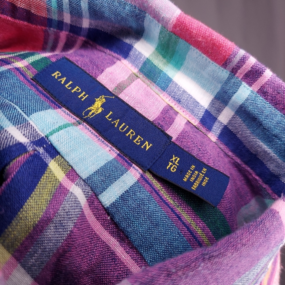 Ralph Lauren Linen Plaid Button Shirt Mens XL Multicolor Collar Coastal Preppy - Picture 7 of 9